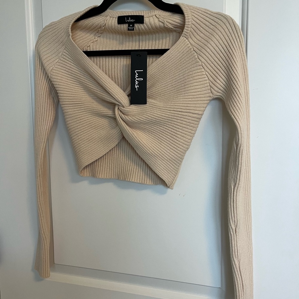 Lulus In A Twist Beige Knot-front Cropped Sweater - Size M - Picture 4 of 6
